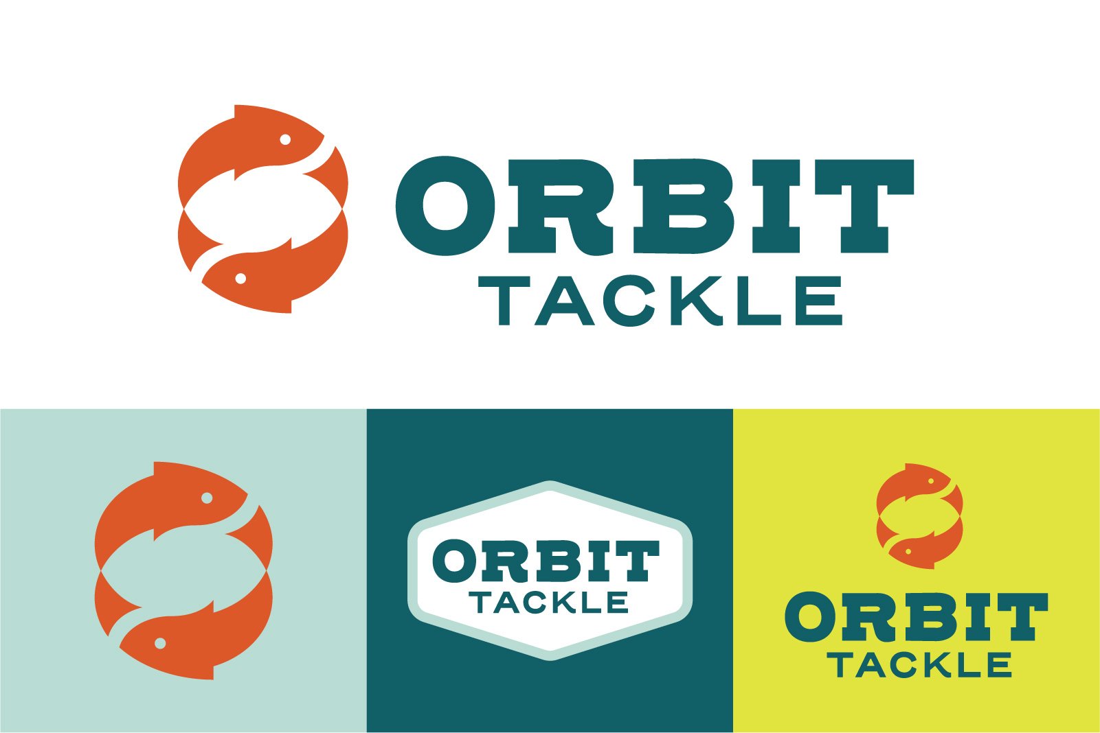 Logo for Orbit Tackle featuring two orange fish in a circular shape and text 'Orbit Tackle' in bold, with three variations of the logo in different background colors.