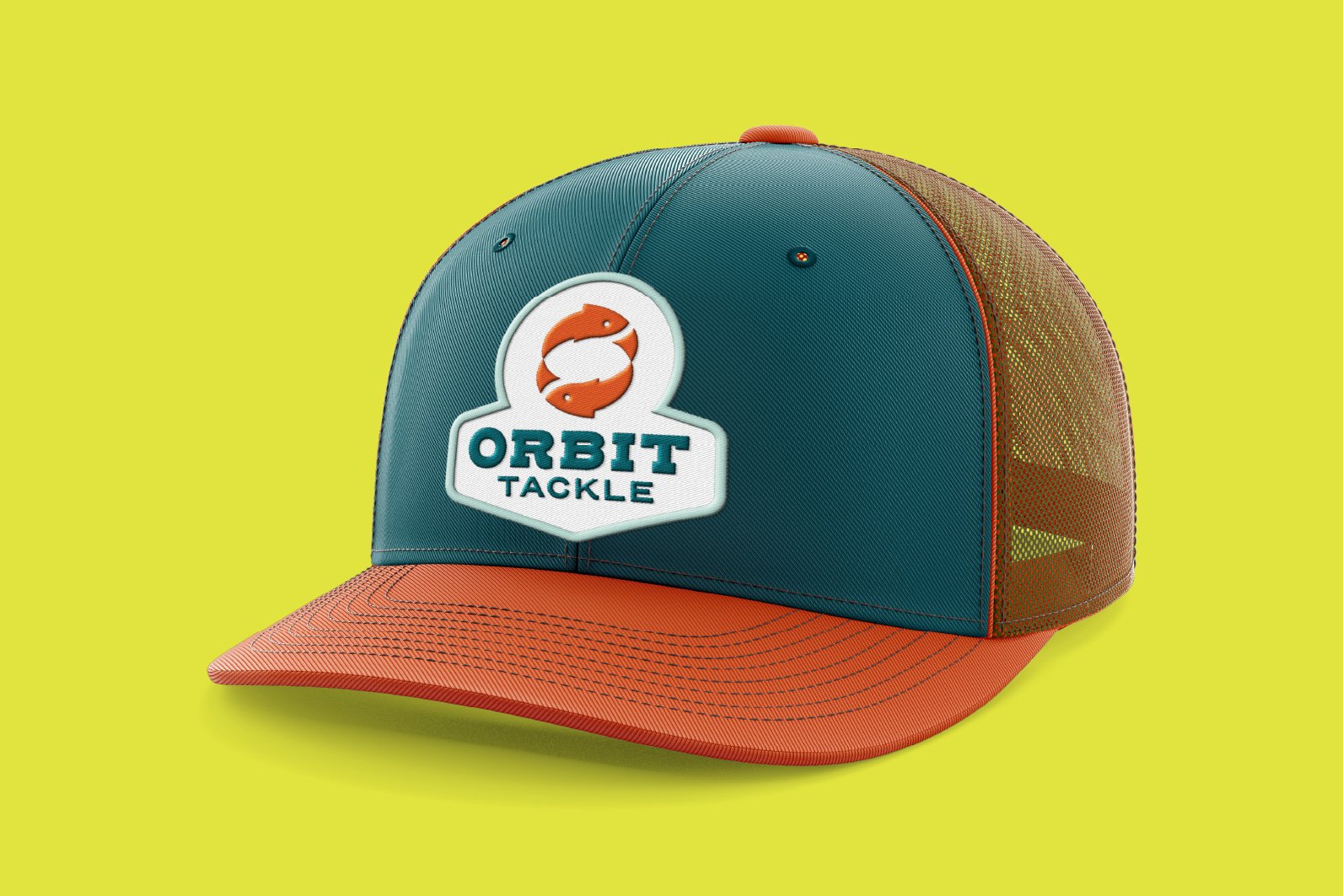 Colorful trucker hat with a patch that says 'Orbit Tackle' and a fish logo, yellow background