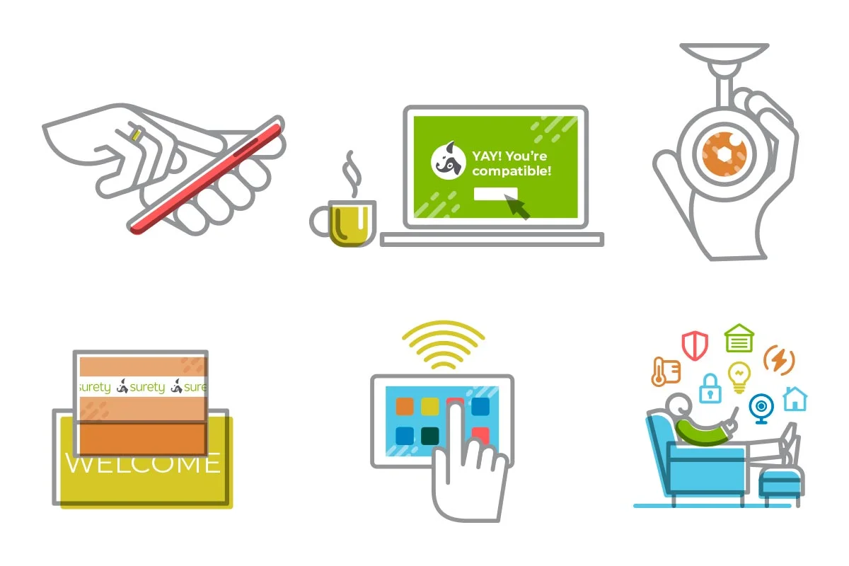 A series of icons related to technology and digital devices: a hand holding a red pen, a steaming mug, a laptop screen with a 'YAY! You're compatible!' message, a digital stopwatch, a Wi-Fi signal with a finger tapping a tablet, a welcome sign at a s