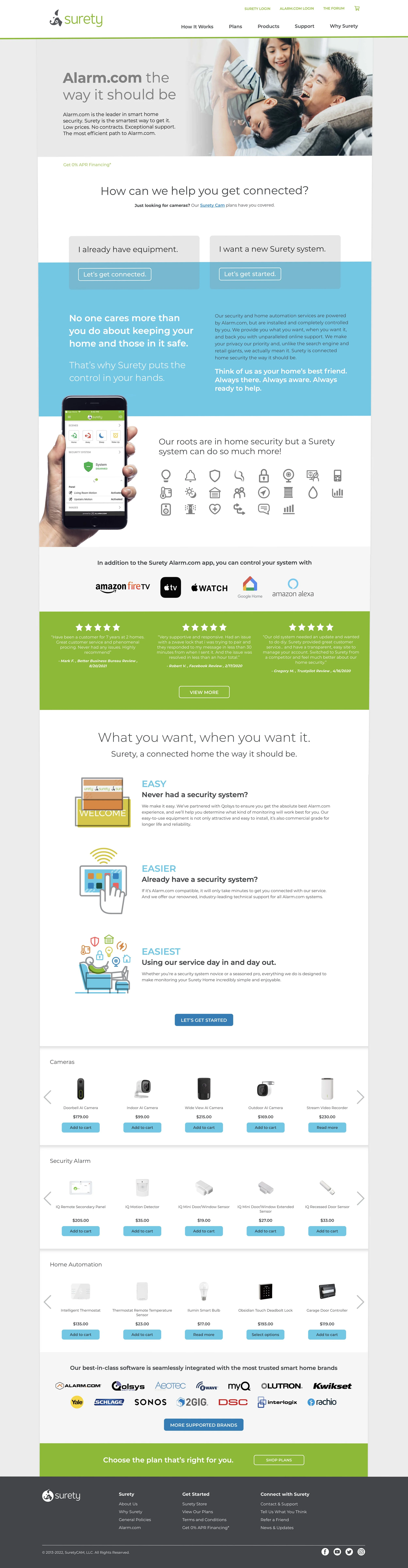 Screenshot of Surety home security webpage showing options to connect security system and devices, with product images, customer reviews, and plan selection buttons.