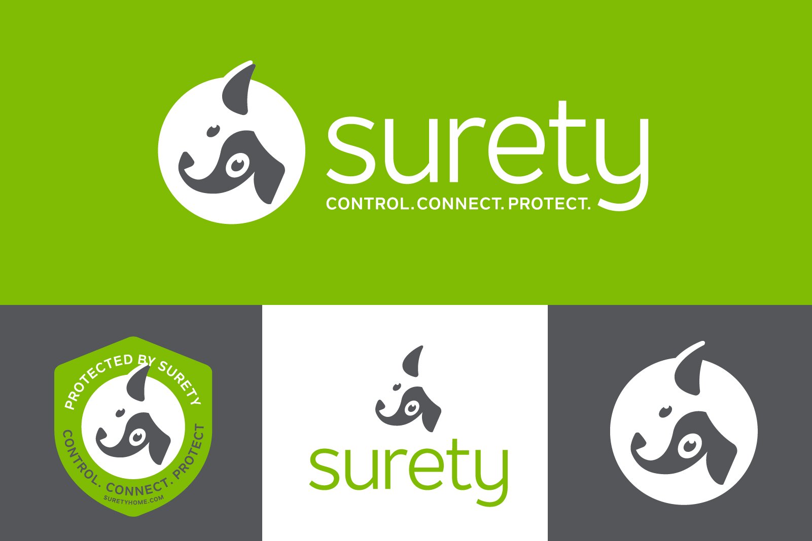 Logo of Surety with a dog face in a circle and the words 'control, connect, protect' below, and additional icons featuring the dog face emblem in green and white, all on a green and gray background.