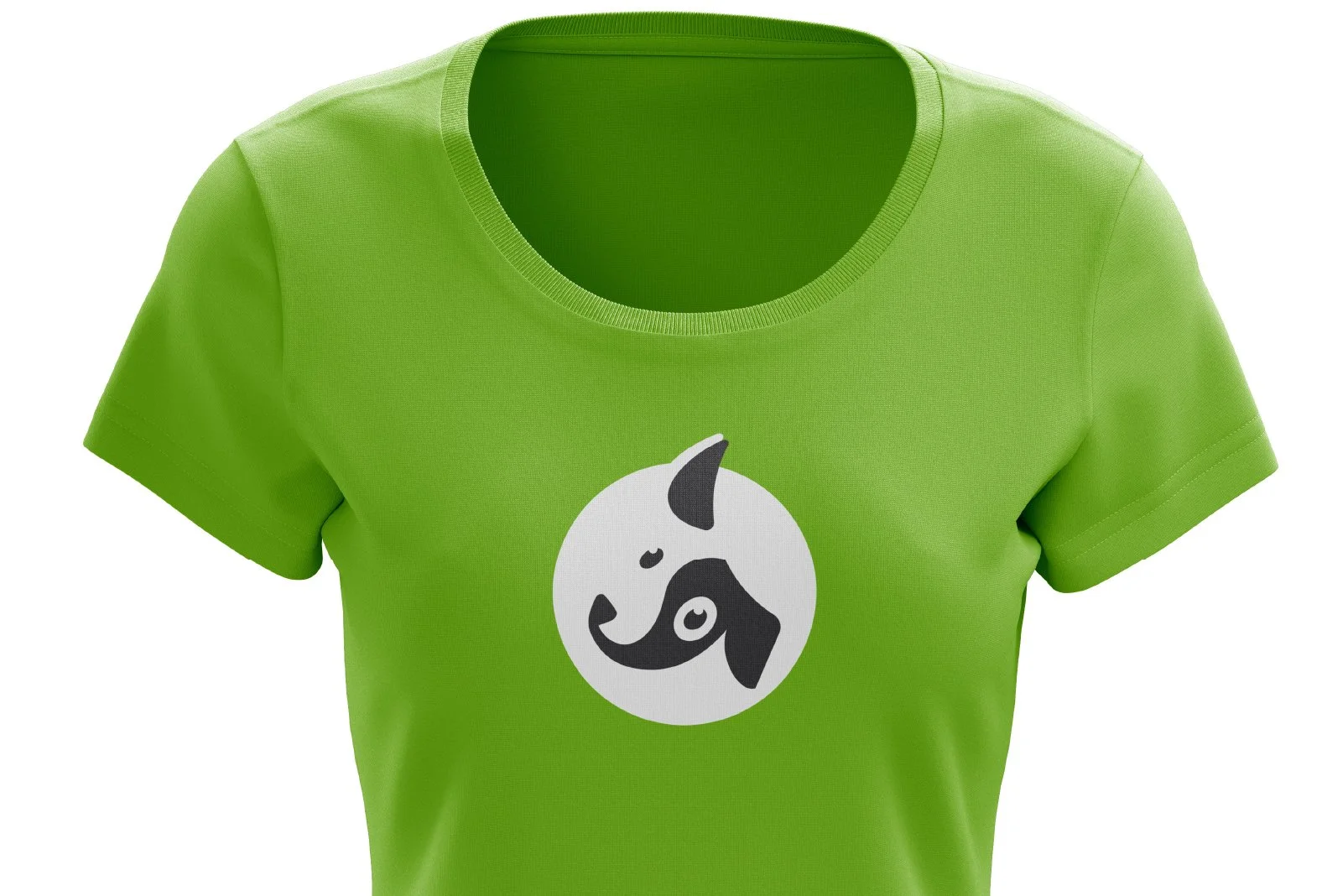 Green T-shirt with a black and white dog face logo on the front.