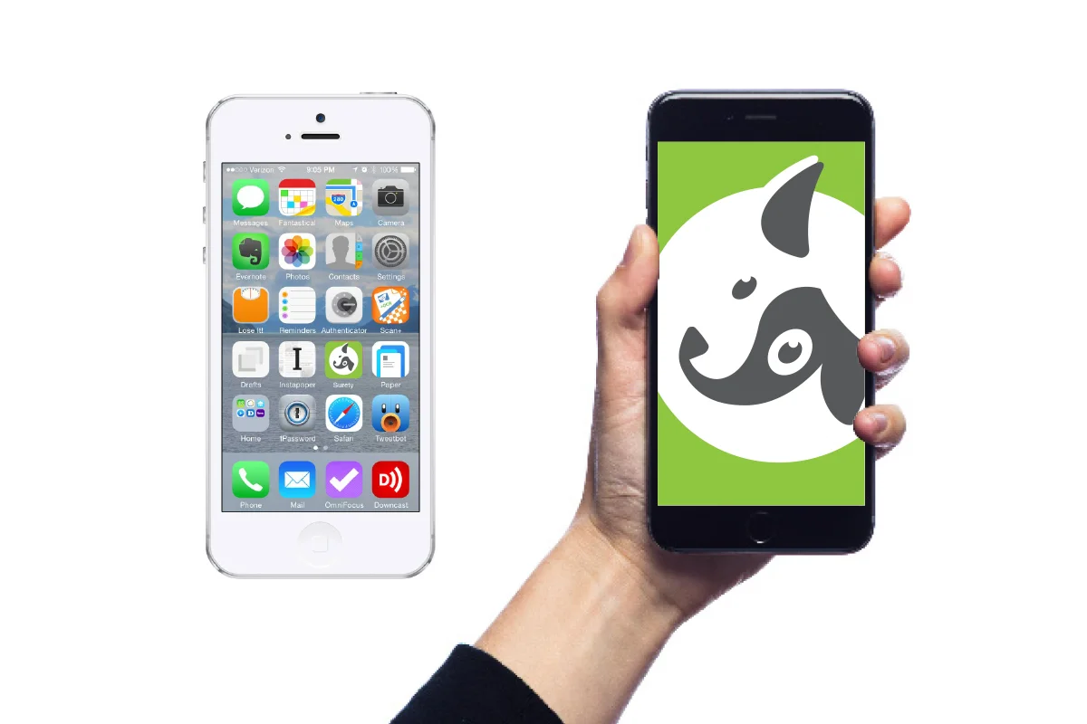 Two smartphones, one with a white screen and the other being held in a hand with a green background and a black and white panda logo.