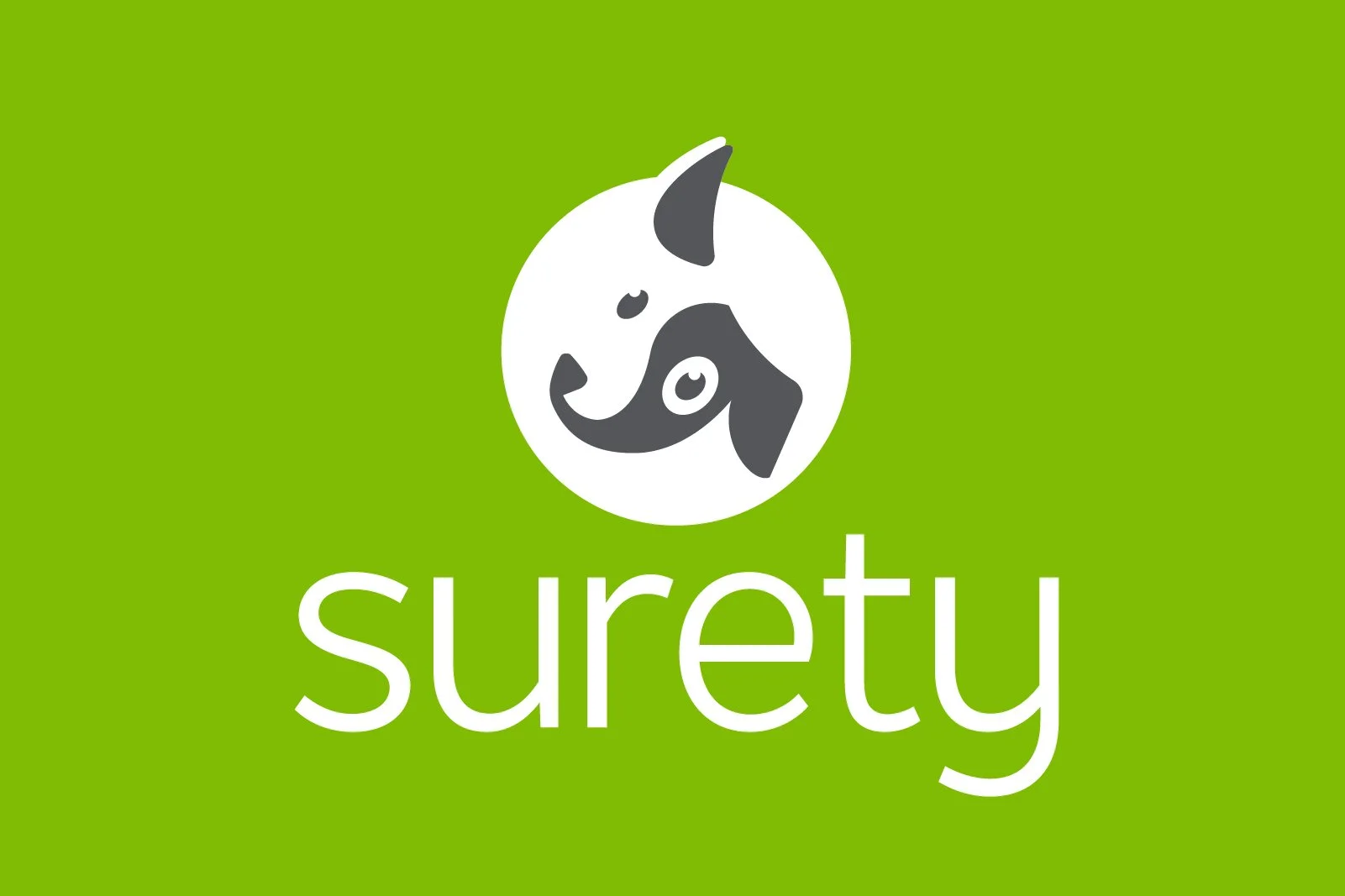 Green background with a logo of a dog's face inside a white circle and the word 'surety' written below in white text.