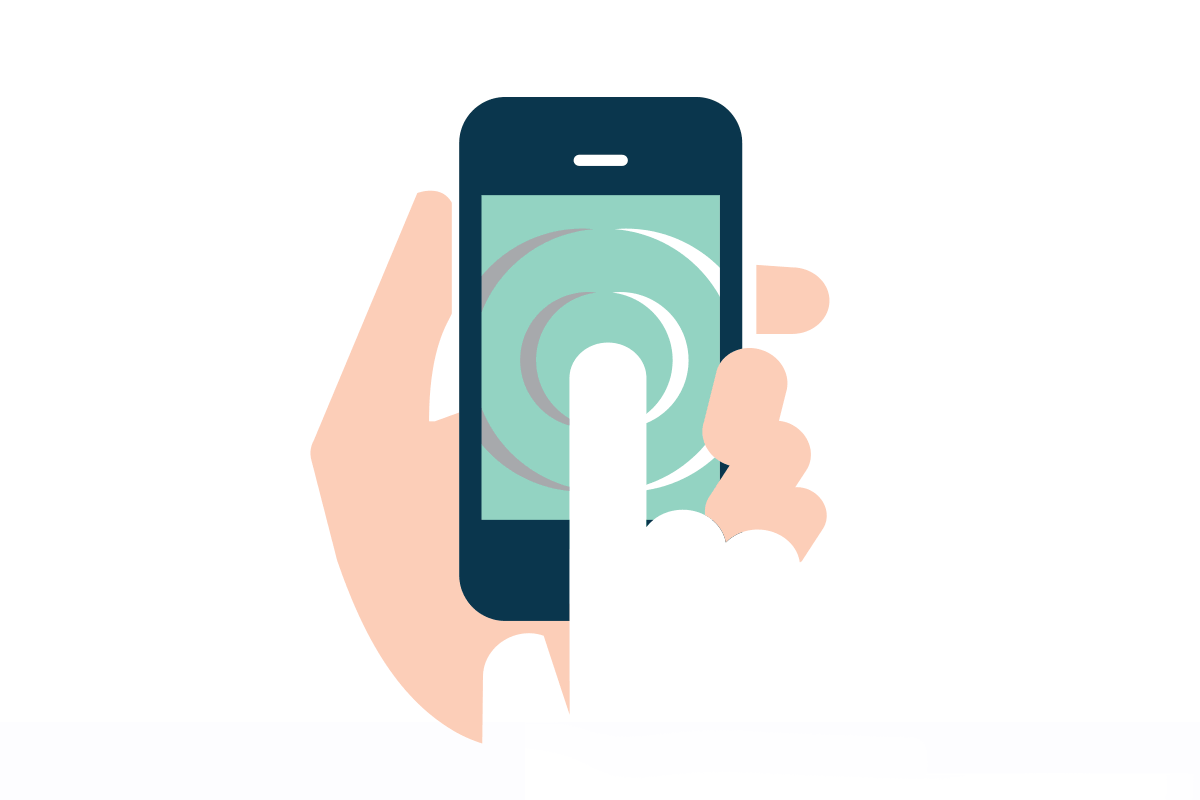 A hand holding a smartphone with a finger tapping on the touchscreen.