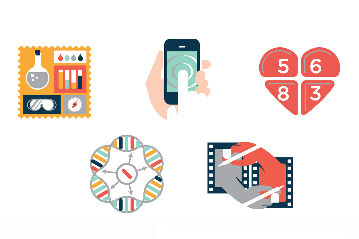 Icons representing scientific research: a chemistry kit, a smartphone with a finger tapping, a heart-shaped puzzle with numbers, a DNA helix, and film editing tools.