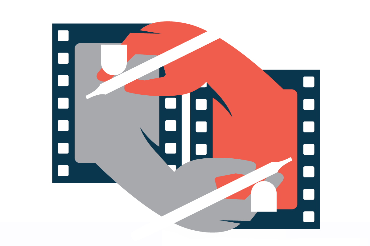 Illustration of a hand holding a pen with filmstrips in the background.