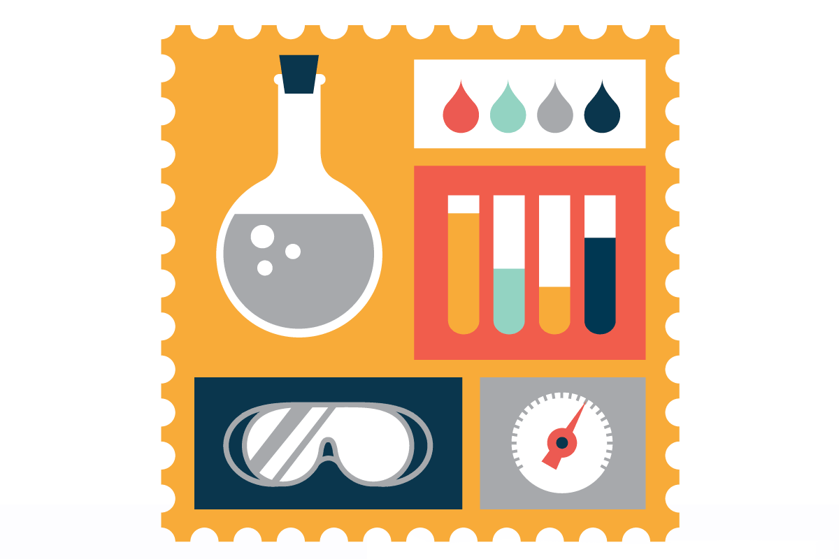 Laboratory equipment including a beaker with gray liquid, four test tubes with colored liquids, a set of five colored drops, safety goggles, and a stopwatch on an orange background.