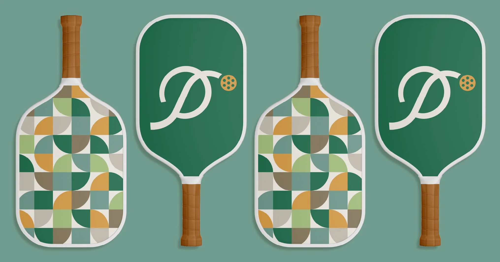 Patterned paddle tennis rackets and green scoreboard with a white 'P' and a small yellow circle.