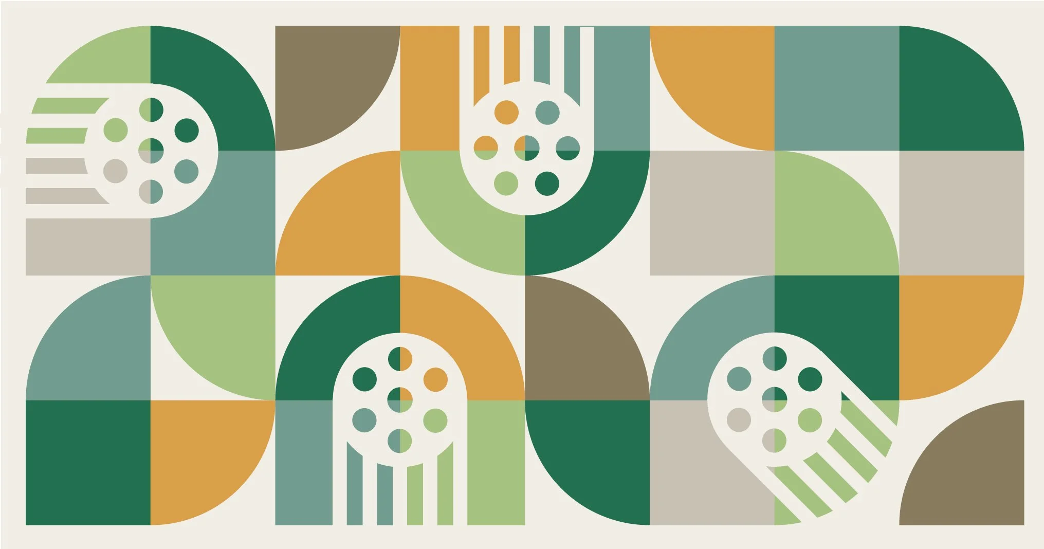 A geometric abstract pattern with rounded shapes, lines, and circles in shades of green, yellow, brown, and beige.