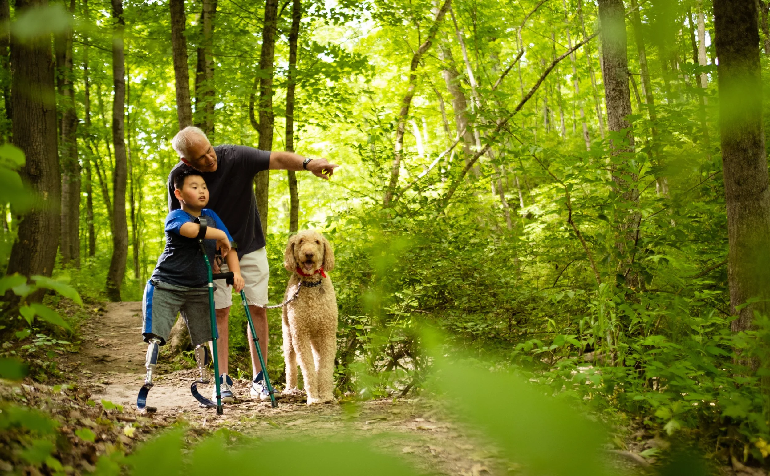 A boy with a prosthetic leg, accompanied by an older man and a dog, walking on a forest trail surrounded by lush green trees.