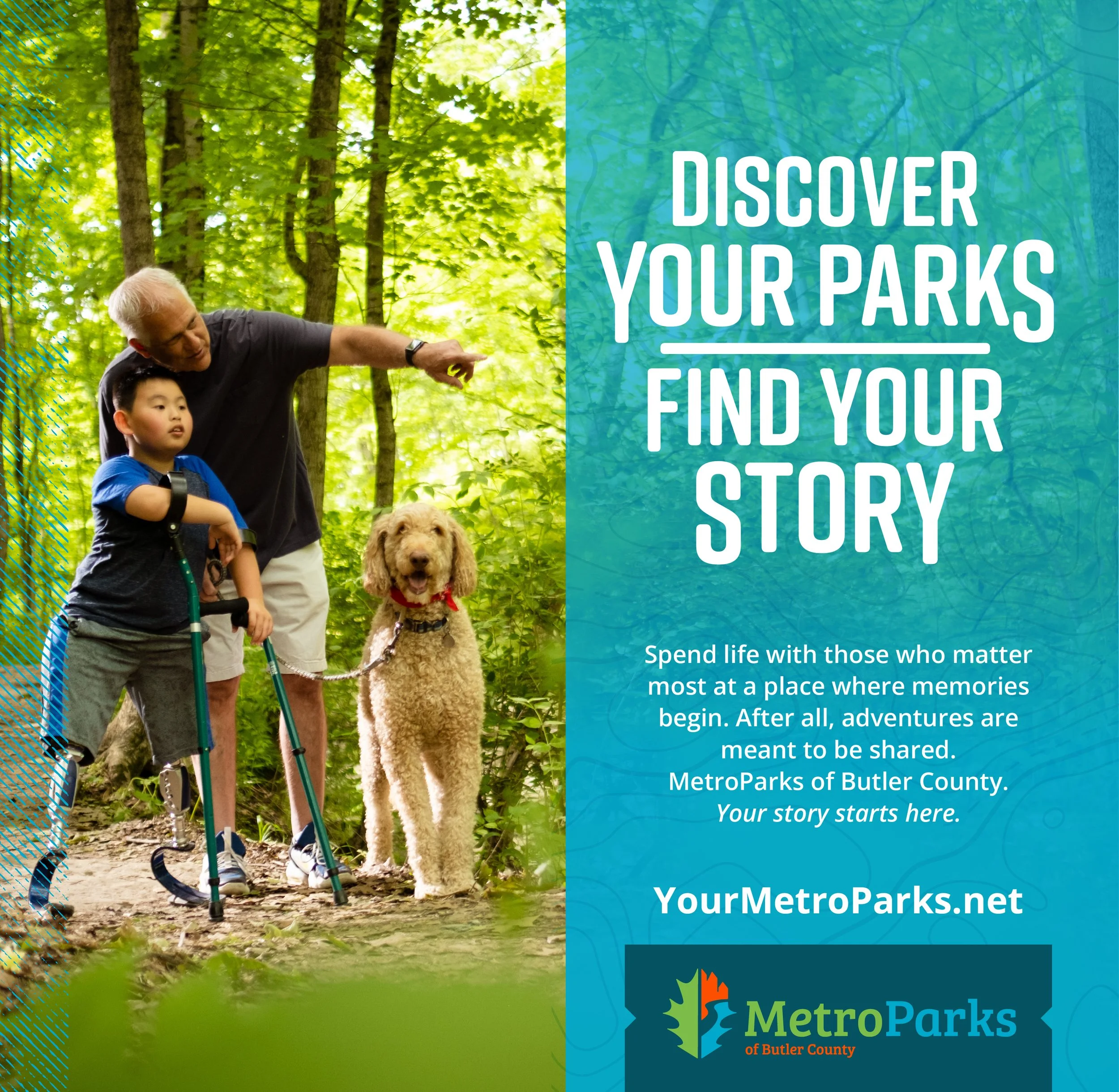 A man and boy with a guide dog walking in a forest, with the boy using crutches, next to a text overlay promoting parks and outdoor adventures in Butler County.
