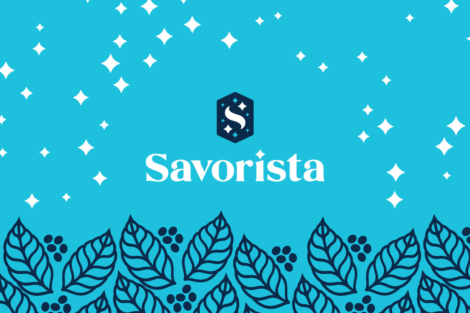 Blue background with white stars at the top and black line-drawn leaves and berries at the bottom. In the center, there is a dark blue icon with a white 'S' and the text 'Savorista' below it.