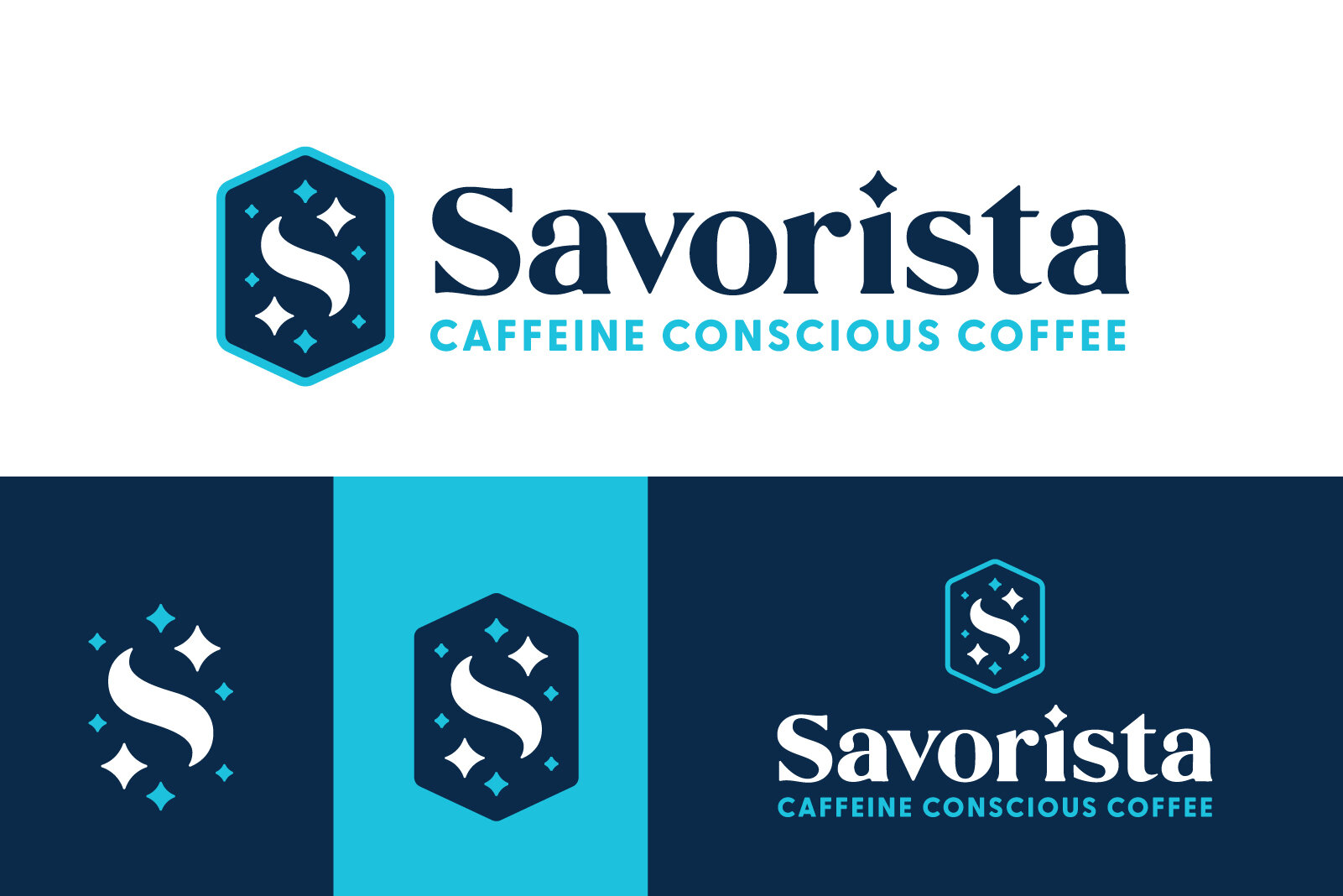 Logo for Savorista, a coffee brand, with a stylized 'S' inside a hexagon surrounded by stars, and the tagline 'Caffeine Conscious Coffee'