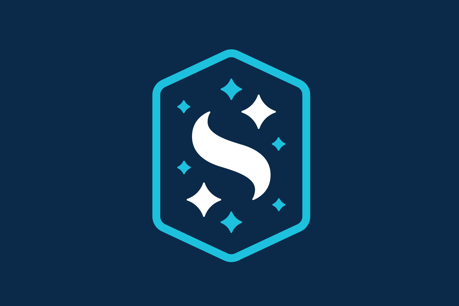 A digital illustration featuring a white letter 'S' inside a hexagon outline. The background is dark blue with sparkling star-like shapes surrounding the letter.
