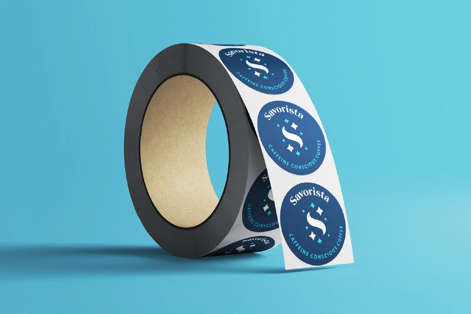 A roll of adhesive tape with stickers featuring a blue circular logo with a white 'S' and the words 'Savorista' and 'Caffeine Conscious Coffee' on a light blue background.