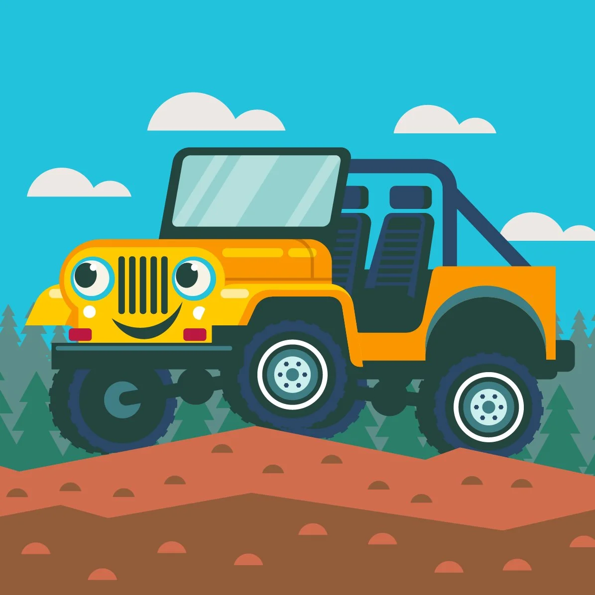 Cartoon illustration of a happy, smiling yellow Jeep with anthropomorphic facial features, set against a background of trees, a blue sky with clouds, and dirt ground.