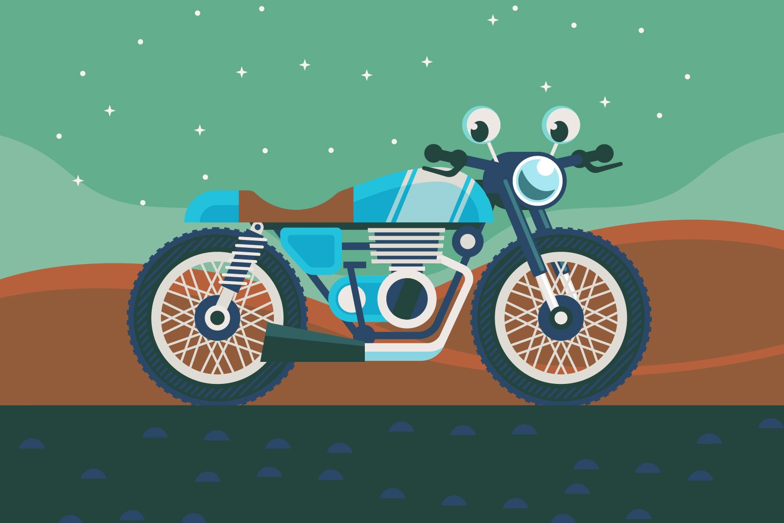 A cartoon-style motorcycle with googly eyes on the handlebars, set against a starry night sky background with a hill and rocks.
