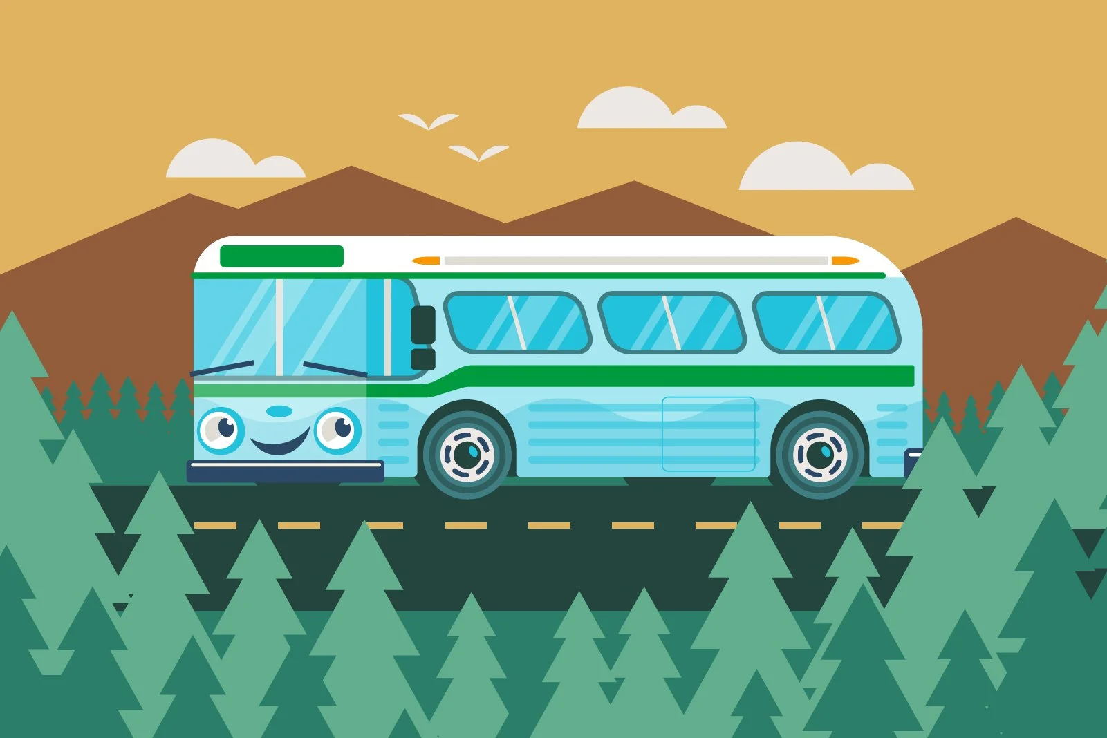 A cartoon bus with a smiling face is traveling on a road surrounded by green pine trees, with mountains and clouds in the background.