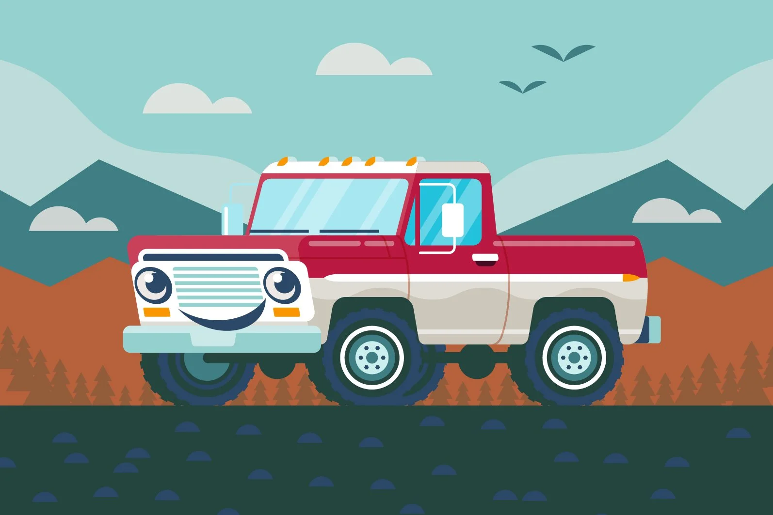 A cartoon-style red and white truck with a smiling face on the front, parked on a landscape with mountains, clouds, and trees in the background.