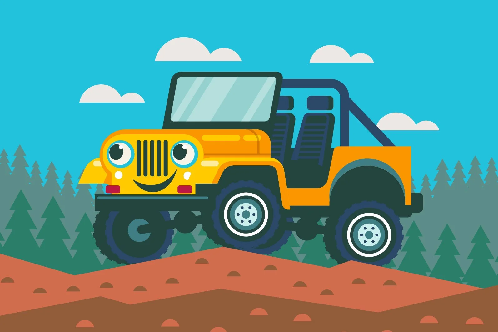 A cartoon illustration of a yellow off-road vehicle with a smiling face, big eyes, and a cheerful expression, parked outdoors against a background of trees and blue sky with clouds.