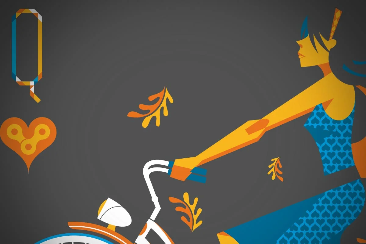 Stylized digital illustration of a woman riding a bicycle with autumn leaves falling around her on a dark background.