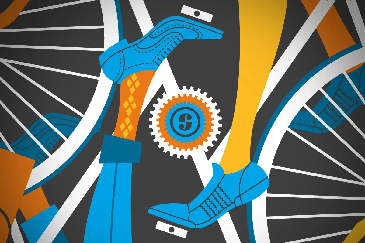Abstract illustration of two bicycle wheels, with a person's legs wearing blue shoes and blue pants, holding a bicycle chainring with a gear and brand logo, against a background of black, yellow, and white sections.