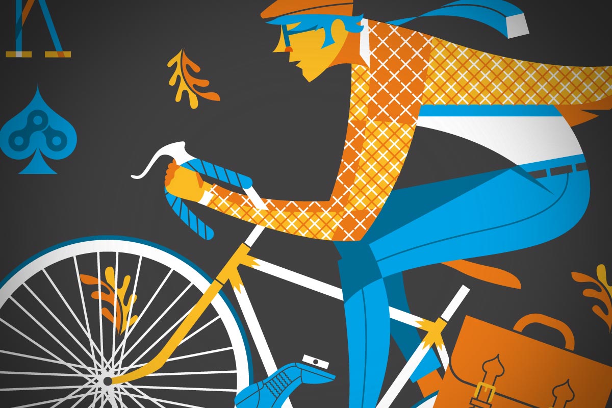 Stylized illustration of a cyclist wearing a yellow and orange checkered shirt, blue pants, and a hat riding a bike. The background is dark with colorful abstract shapes, including a blue spade symbol and orange and yellow accents.