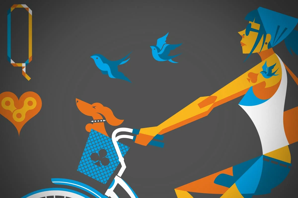 Stylized illustration of a woman riding a bicycle, holding the leash of a dog, with birds flying around her. The woman has blue hair, glasses, and tattoos. The background is gray.