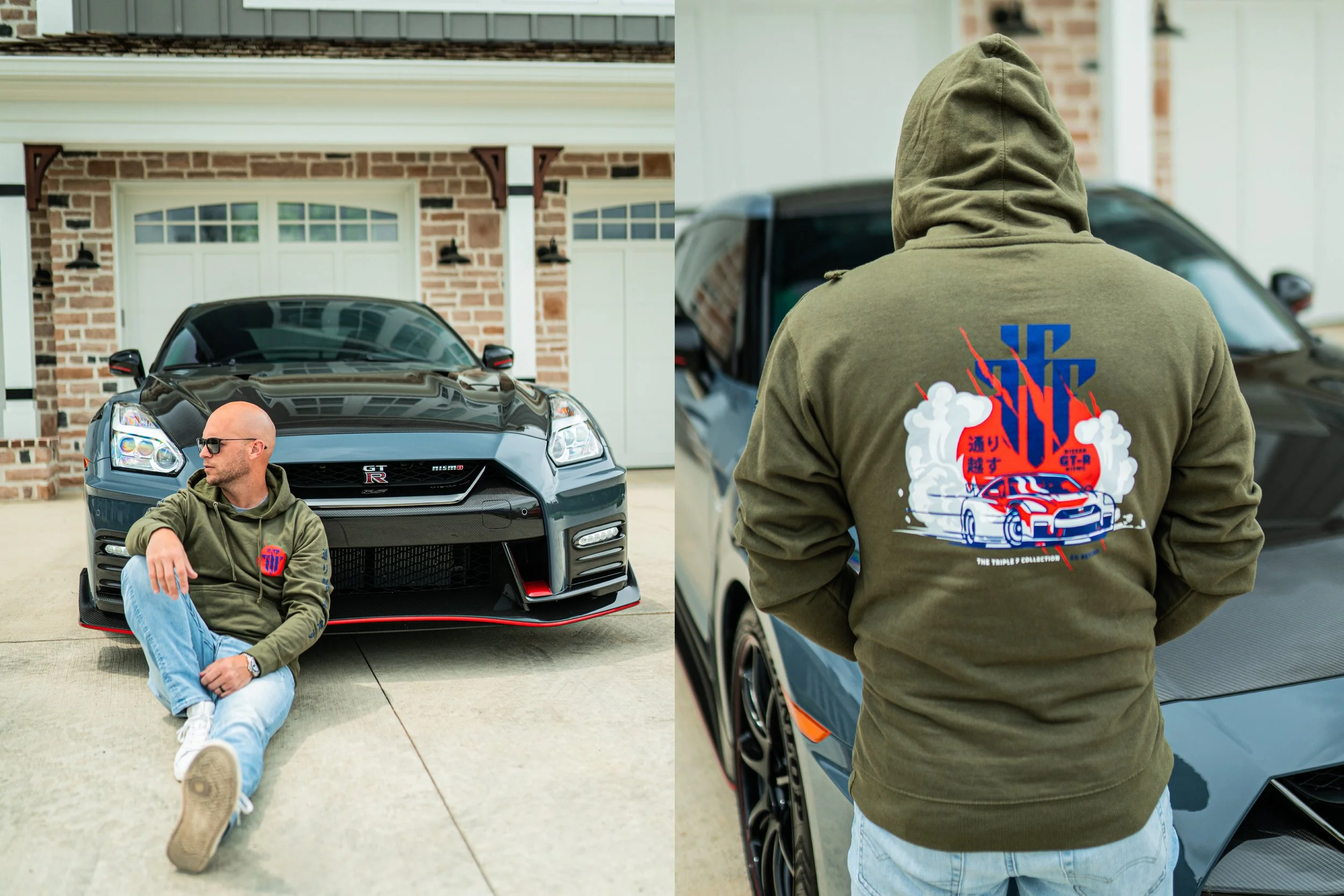 A man with sunglasses, bald head, sitting on the driveway in front of a black Nissan GT-R sports car, wearing a green hoodie with a graphic on the back, and blue jeans. The car is parked in front of a brick house with white garage doors.