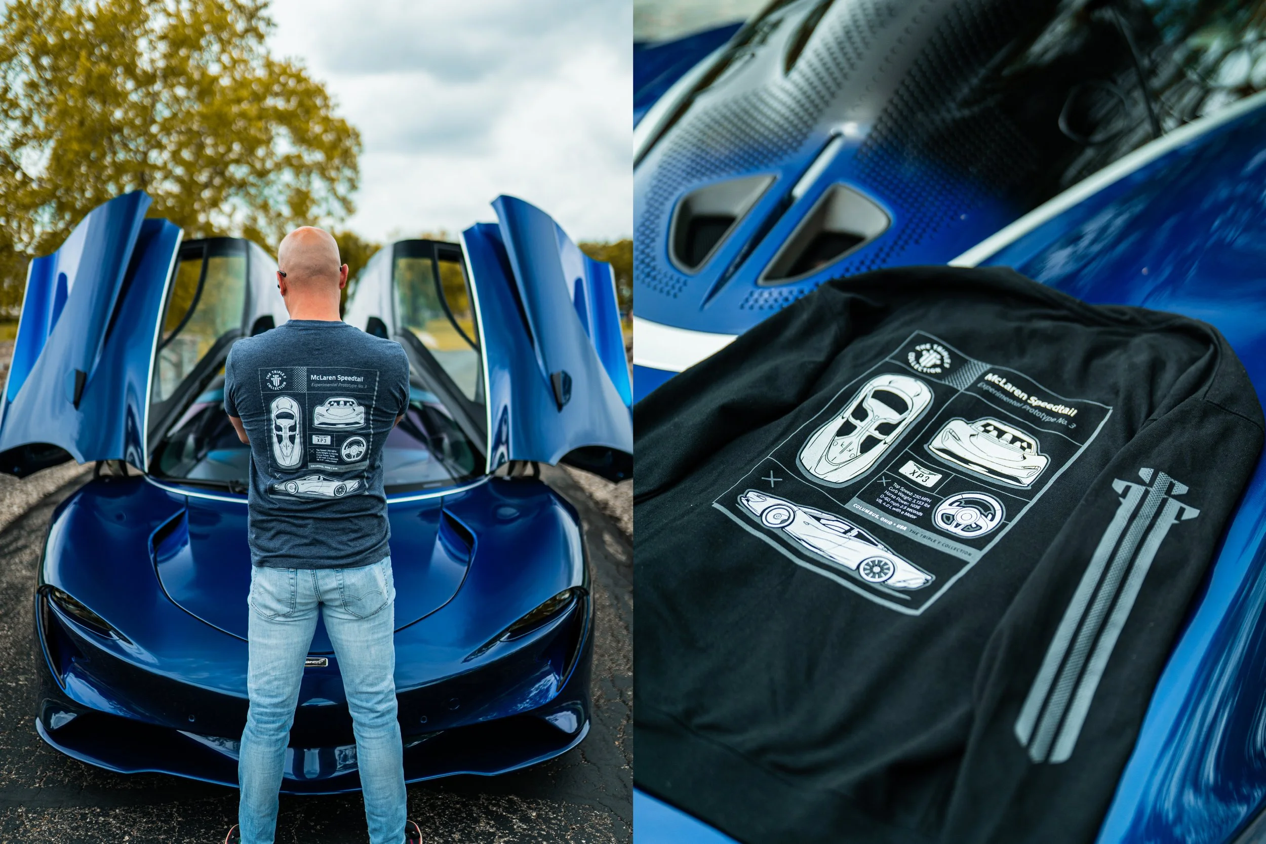Man standing in front of a blue McLaren sports car with open butterfly doors, wearing a t-shirt with car schematic designs on the back, and a close-up of the t-shirt and car's aerodynamic details.