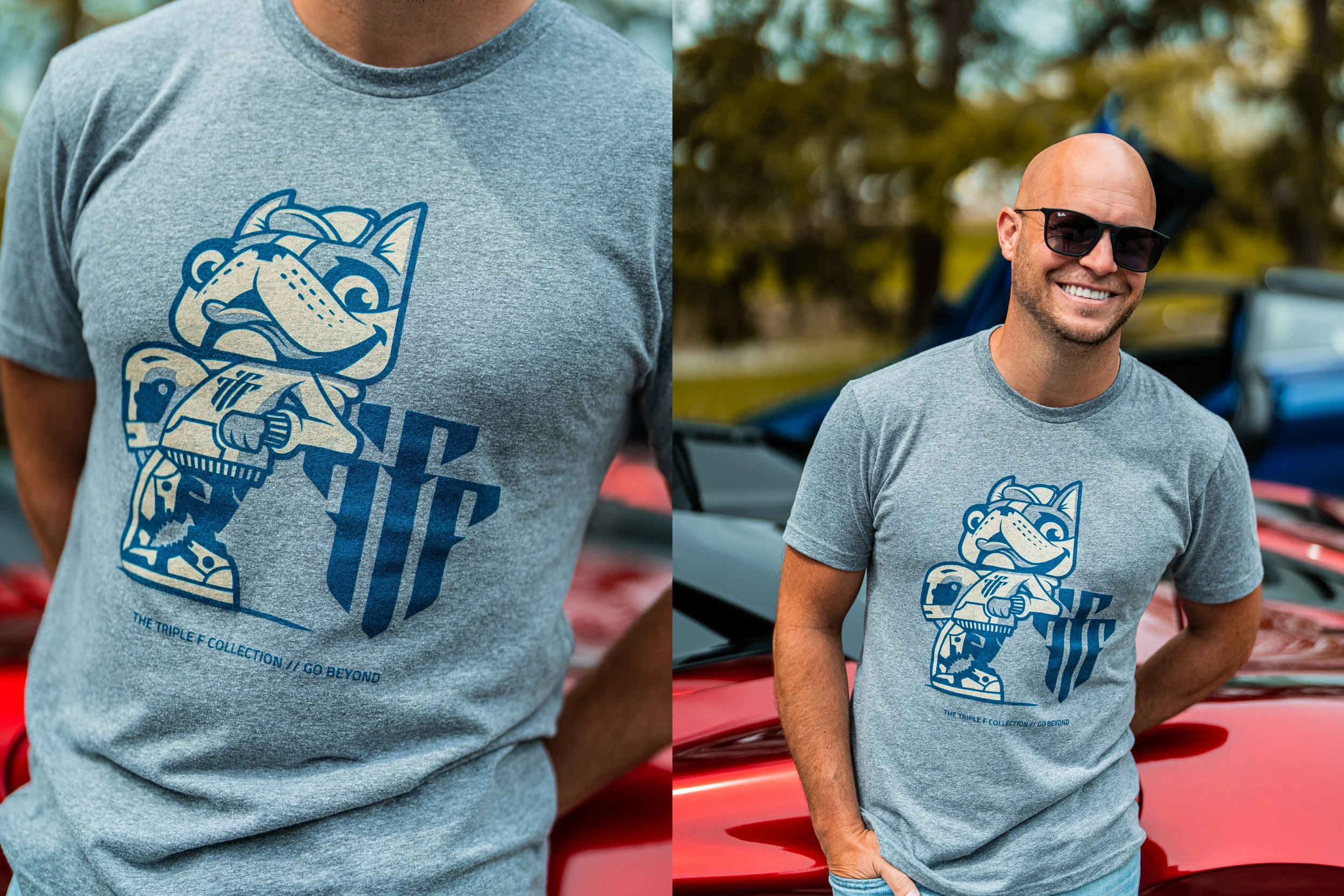 A man wearing a gray T-shirt with a blue cartoon graphic of a frog holding a sword and shield, standing outdoors next to a red sports car, smiling and wearing sunglasses.