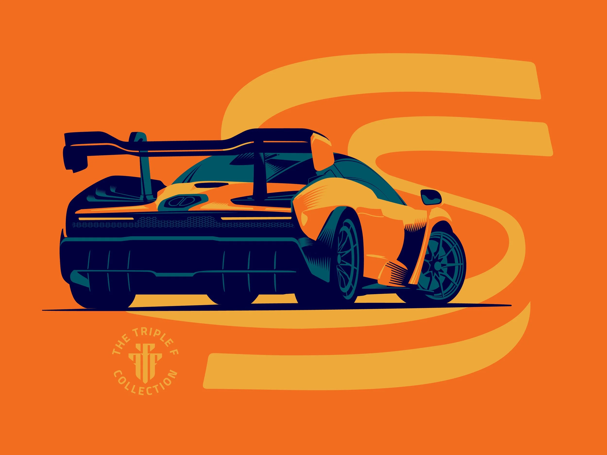 Illustration of a yellow and black race car with a large rear wing, set against an orange background with stylized yellow swoosh design and below it, a circular logo with the text 'The Triple F Collection'.