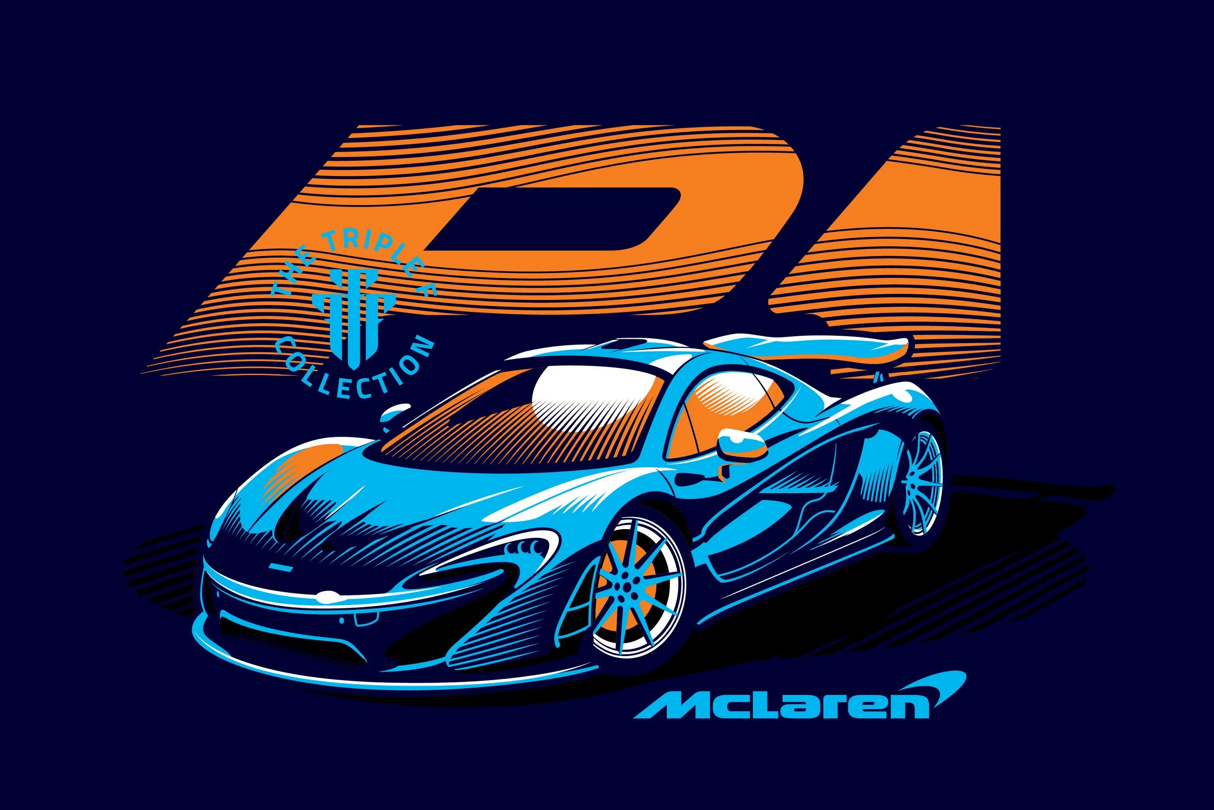 A stylized digital illustration of a blue McLaren sports car with orange accents, positioned in front of a large stylized letter 'P', with the text 'The Triple F Collection' and the McLaren logo.