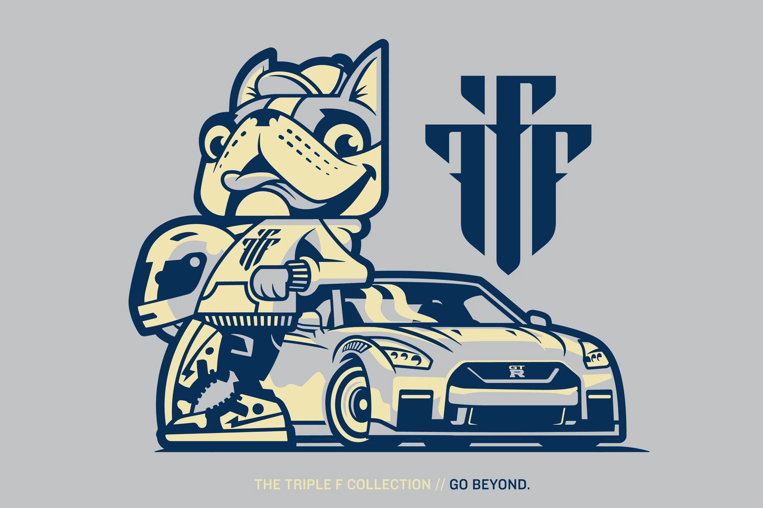A cartoon bulldog wearing racing gear standing beside a Nissan GT-R sports car, with the Triple F Collection logo above and the slogan 'Go Beyond' at the bottom.