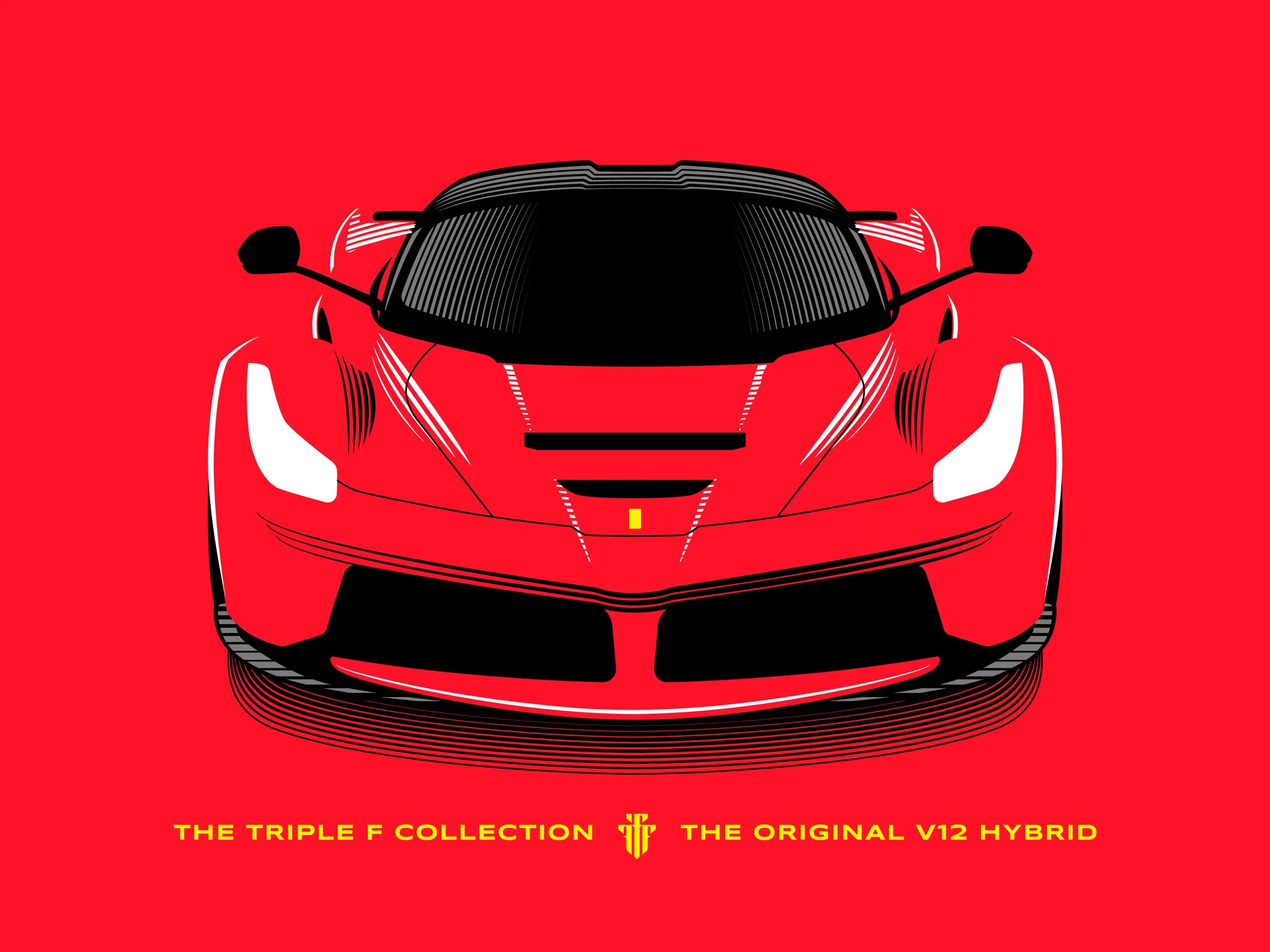 Front view of a red sports car with black accents and aerodynamic design, set against a red background with a yellow and black text caption.