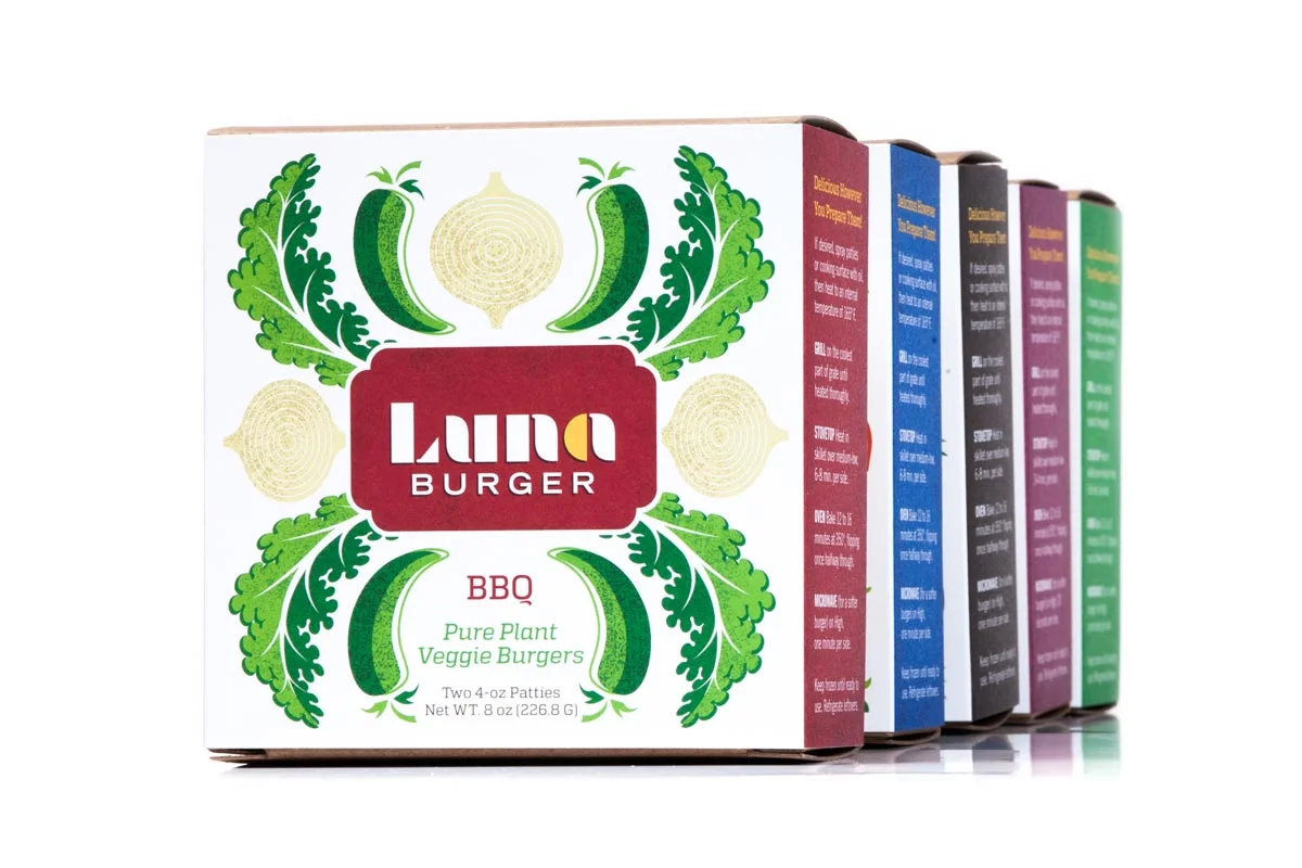 Package of Lando Burger BBQ Veggie Burgers with green leafy and vegetable illustrations on the front.