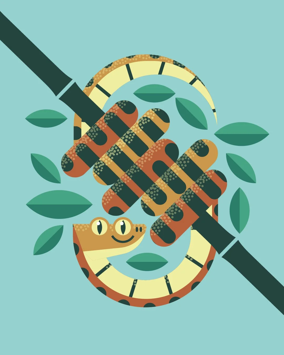 Stylized illustration of a snake coiled around leaves and a clock face, with a smiling, cartoon-like appearance.
