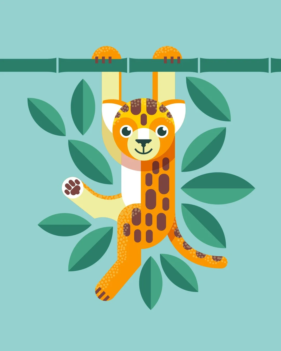 A cartoon illustration of a cheerful giraffe hanging from a tree branch by its front legs, with green leaves surrounding it and a blue background.