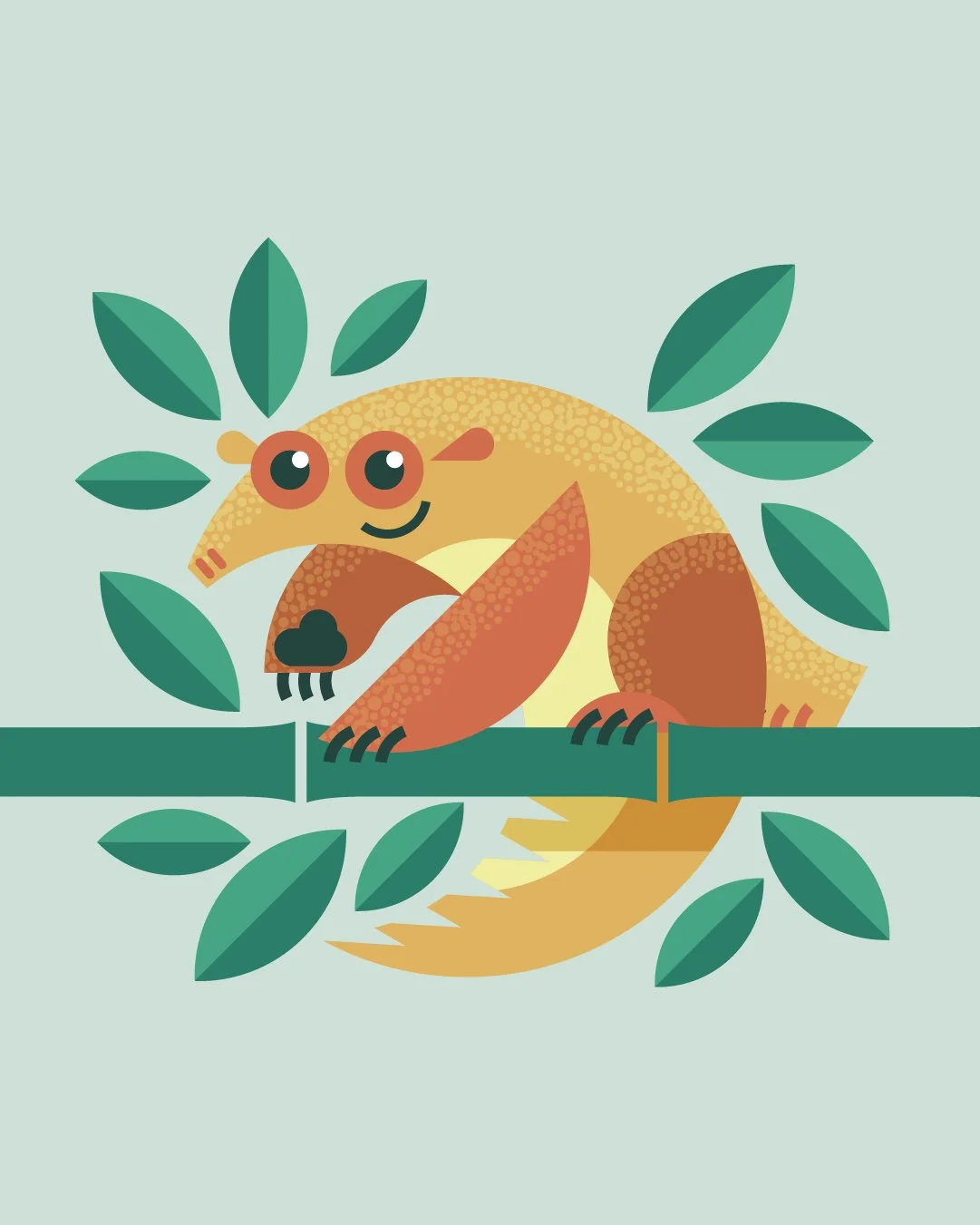 Cartoon chameleon sitting on a branch, surrounded by green leaves, with a smiling face and big eyes.