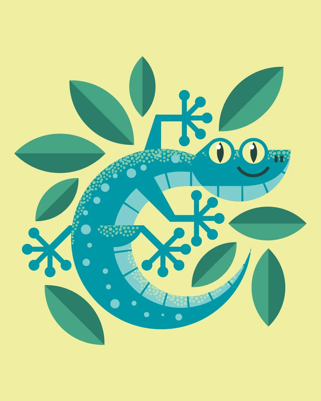 A colorful illustration of a smiling chameleon with large yellow eyes, surrounded by green leaves.