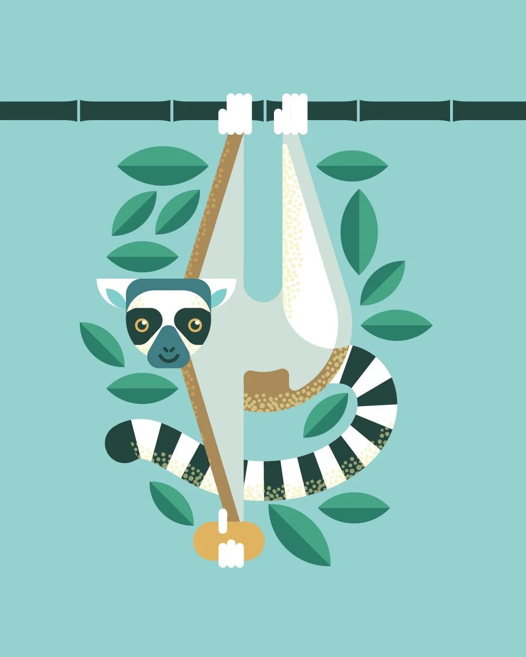 Illustration of a lemur hanging upside down on a tree branch with leaves, holding a mop and a dustpan.