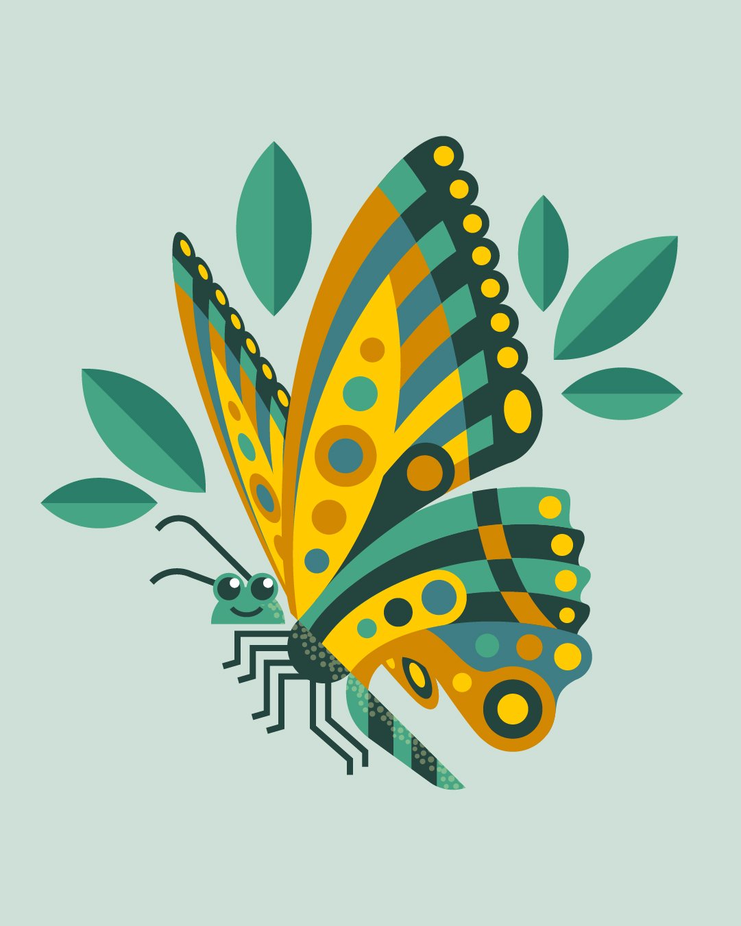 Digital illustration of a butterfly with yellow, teal, and black wings, surrounded by green leaves on a light green background.