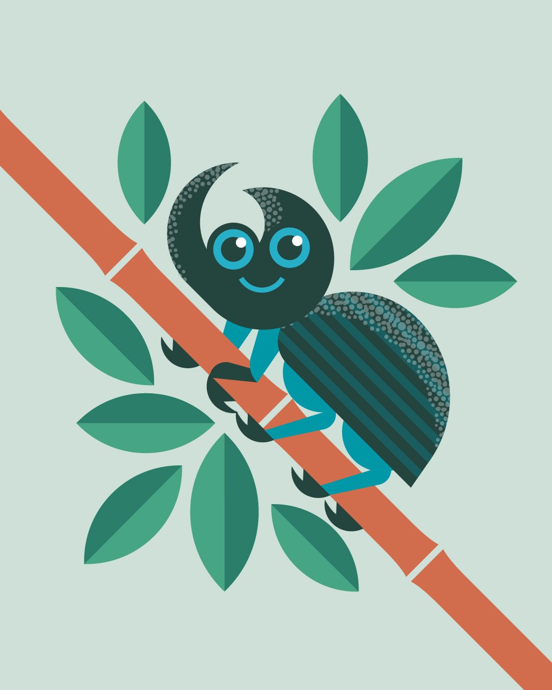 Cartoon spider with blue eyes and a smile, sitting on a branch with green leaves.