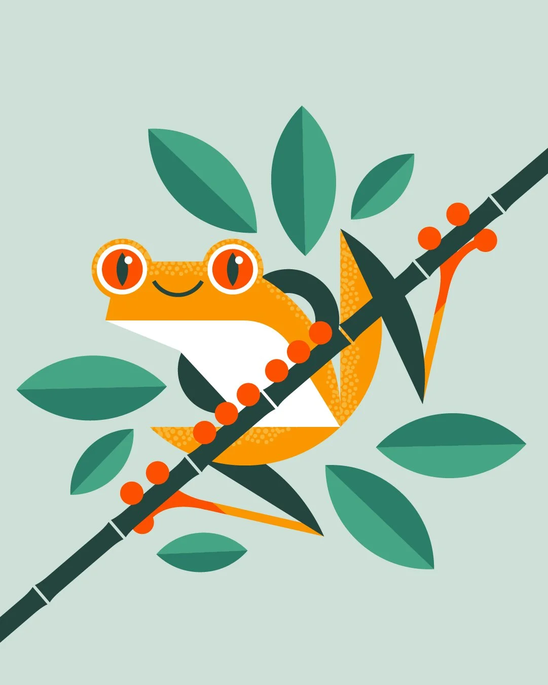 Cartoon illustration of an orange frog with red eyes and a happy face, sitting on a branch with green leaves and red berries.