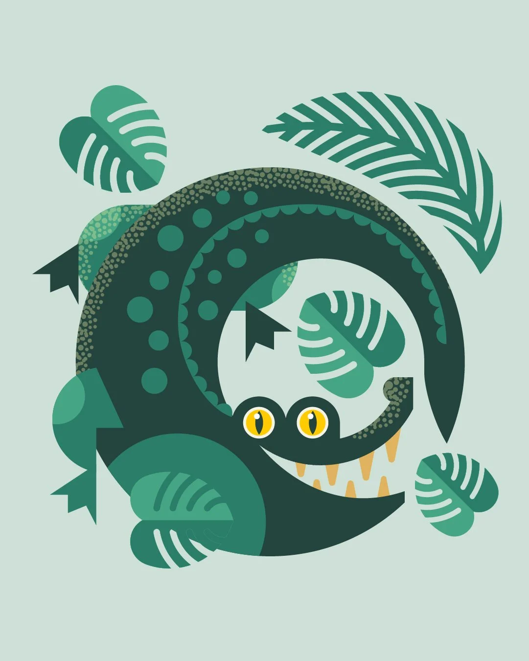 A stylized cartoon green crocodile with yellow eyes, surrounded by tropical leaves, in a playful design.