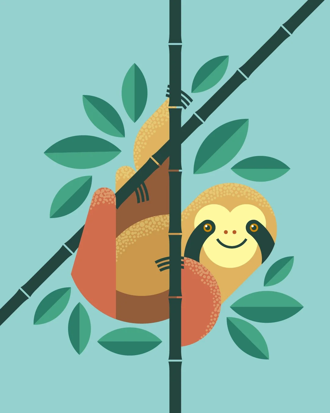 A cartoon sloth hanging from bamboo stalks with green leaves, smiling, surrounded by colorful abstract shapes.