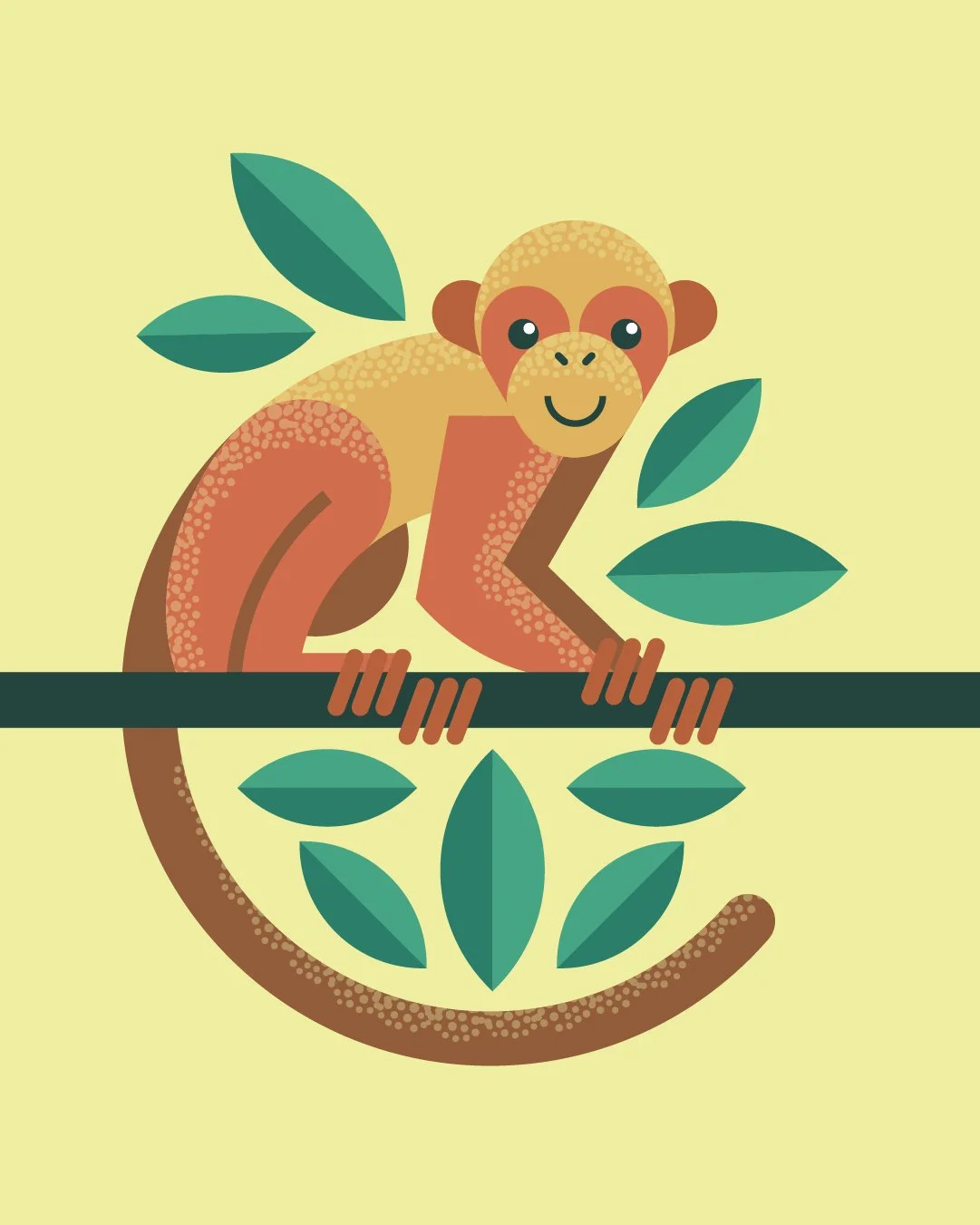 Illustration of a cute monkey sitting on a tree branch with green leaves, smiling on a light yellow background.