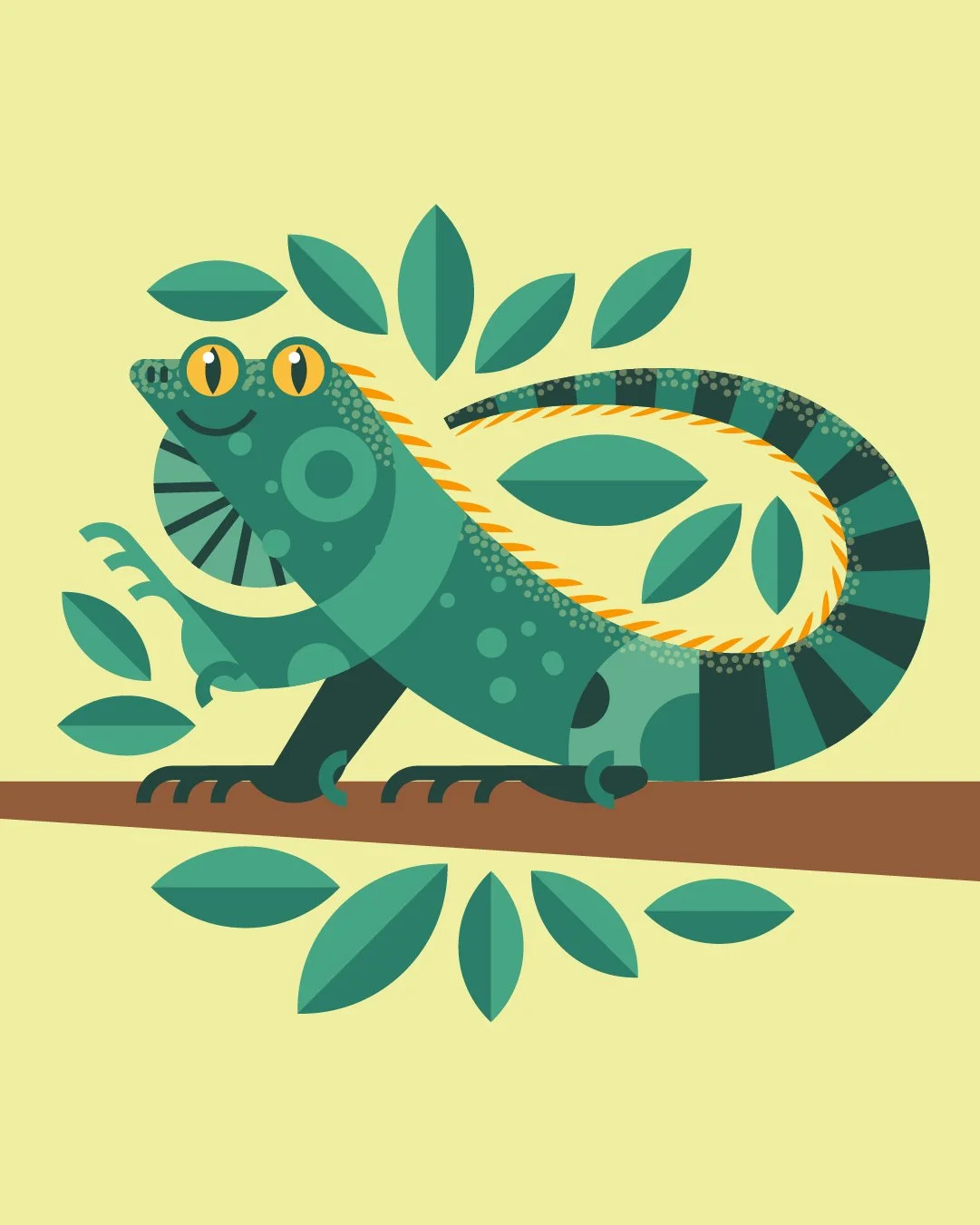 Illustration of a green lizard with yellow eyes sitting on a branch, surrounded by green leaves.