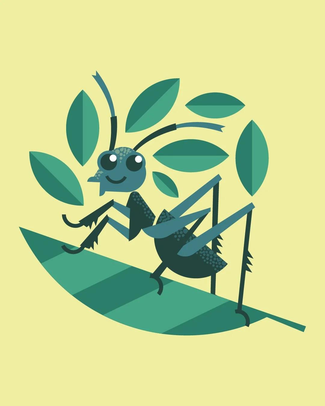 A cute, cartoon-style insect with big, shiny eyes, sitting on a leaf surrounded by additional leaves.